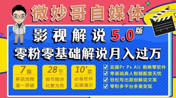 微妙哥影视解说5.0版视频课程,零粉丝零基础解说,小白也能月入过万-赚金金-技能学习分享