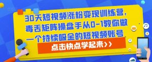 30天短视频涨粉变现训练营,毒舌矩阵操盘手从0-1教你做一个持续吸金的短视频账号-赚金金-技能学习分享