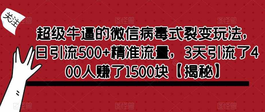 超级牛逼的微信病毒式裂变玩法，日引流500+精准流量，3天引流了400人赚了1500块【揭秘】-赚金金-技能学习分享