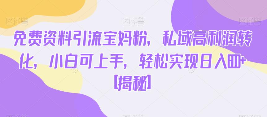 免费资料引流宝妈粉，私域高利润转化，小白可上手，轻松实现日入600+【揭秘】-赚金金-技能学习分享