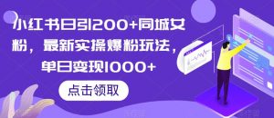 小红书日引200+同城女粉,最新实操爆粉玩法,单日变现1000+【揭秘】-赚金金-技能学习分享