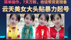 云天美女大头贴暴力起号教学,简单操作,7天万粉,收徒带货变现香-赚金金-技能学习分享