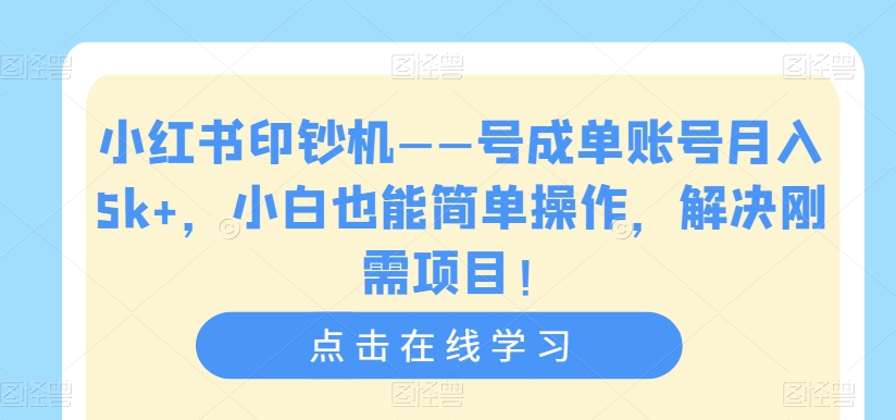 小红书印钞机——号成单账号月入5k+，小白也能简单操作，解决刚需项目【揭秘】-赚金金-技能学习分享