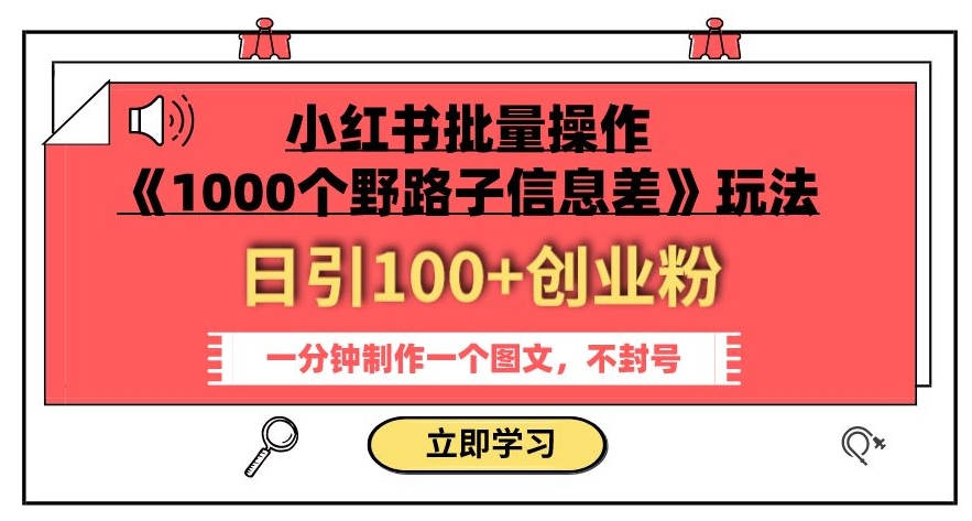 小红书批量操作《1000个野路子信息差》玩法，一分钟制作一个图文，不封号，日引100+创业粉-赚金金-技能学习分享