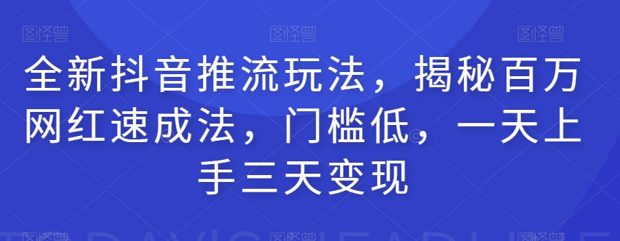 全新抖音推流玩法，揭秘百万网红速成法，门槛低，一天上手三天变现-赚金金-技能学习分享