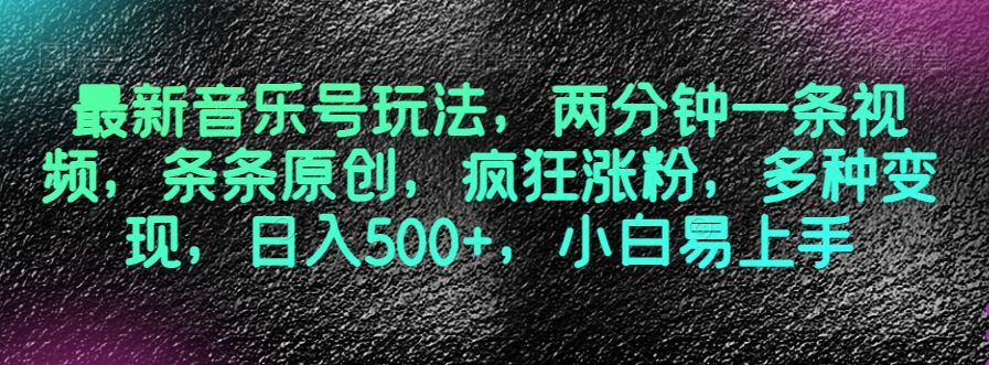 最新音乐号玩法，两分钟一条视频，条条原创，疯狂涨粉，多种变现，日入500+，小白易上手【揭秘】-赚金金-技能学习分享