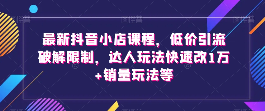 最新抖音小店课程，低价引流破解限制，达人玩法快速改1万+销量玩法等-赚金金-技能学习分享