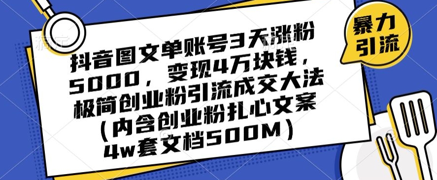 抖音图文单账号3天涨粉5000，变现4万块钱，极简创业粉引流成交大法-赚金金-技能学习分享