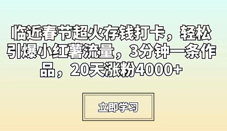 临近春节超火存钱打卡，轻松引爆小红薯流量，3分钟一条作品，20天涨粉4000+【揭秘】-赚金金-技能学习分享