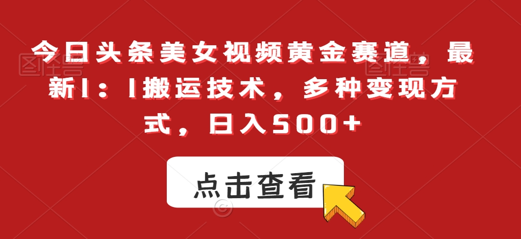 今日头条美女视频黄金赛道，最新1：1搬运技术，多种变现方式，日入500+【揭秘】-赚金金-技能学习分享