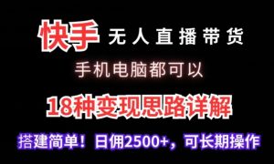 快手无人直播带货,手机电脑都可以,18种变现思路详解,搭建简单日佣2500+【揭秘】-赚金金-技能学习分享