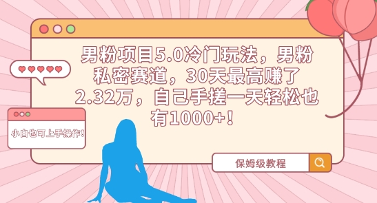 男粉项目5.0冷门玩法，男粉私密赛道，30天最高赚了2.32万，自己手搓一天轻松也有1000+【揭秘】-赚金金-技能学习分享