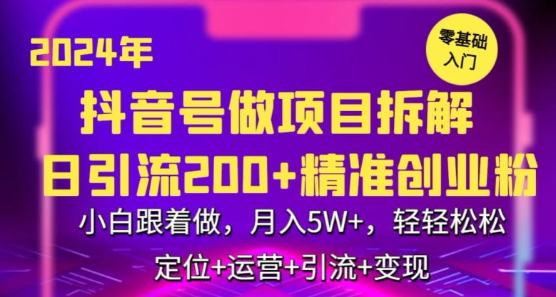 2024年抖音做项目拆解日引流300+创业粉，小白跟着做，月入5万，轻轻松松【揭秘】-赚金金-技能学习分享