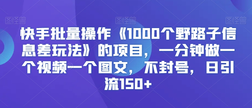 快手批量操作《1000个野路子信息差玩法》的项目,一分钟做一个视频一个图文,不封号,日引流150+【揭秘】-赚金金-技能学习分享