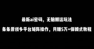 最新ai流量密码,傻瓜式搬运玩法,条条原创,多平台矩阵操作,月赚5万+保姆式教程【揭秘】-赚金金-技能学习分享