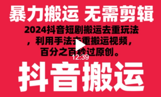 2024最新抖音搬运技术，抖音短剧视频去重，手法搬运，利用工具去重，达到秒过原创的效果【揭秘】-赚金金-技能学习分享