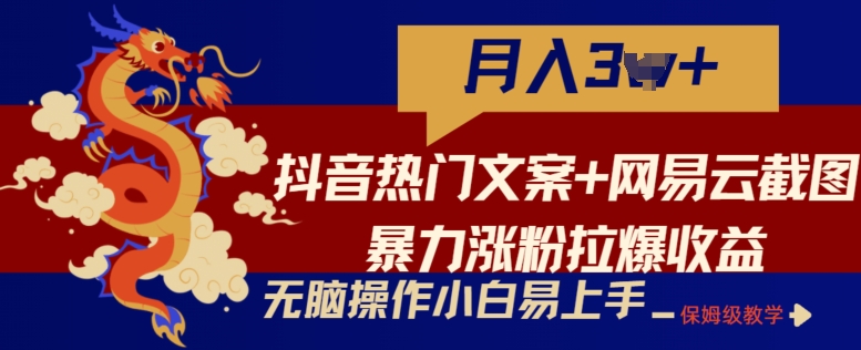 抖音热门文案+网易云截图暴力涨粉拉爆收益玩法，小白无脑操作，简单易上手【揭秘】-赚金金-技能学习分享