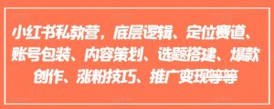 小红书私教营,底层逻辑、定位赛道、账号包装、内容策划、选题搭建、爆款创作、涨粉技巧、推广变现等等-赚金金-技能学习分享