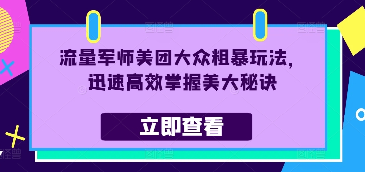 流量军师美团大众粗暴玩法，迅速高效掌握美大秘诀-赚金金-技能学习分享