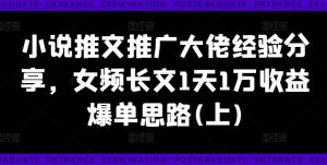 小说推文推广大佬经验分享,女频长文1天1万收益爆单思路(上)-赚金金-技能学习分享
