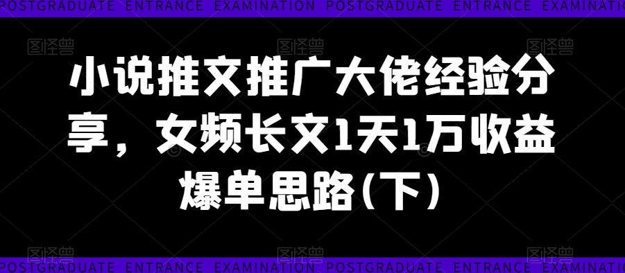 小说推文推广大佬经验分享，女频长文1天1万收益爆单思路(下)-赚金金-技能学习分享