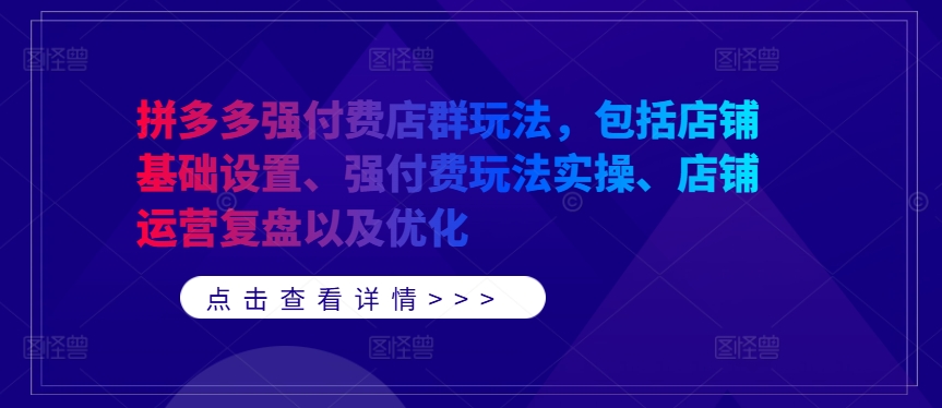 拼多多强付费店群玩法，包括店铺基础设置、强付费玩法实操、店铺运营复盘以及优化-赚金金-技能学习分享