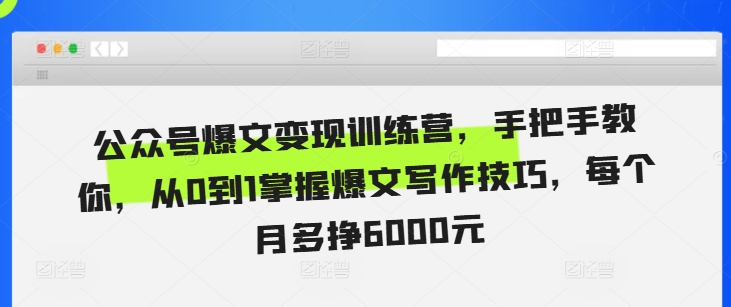 公众号爆文变现训练营，手把手教你，从0到1掌握爆文写作技巧，每个月多挣6000元-赚金金-技能学习分享