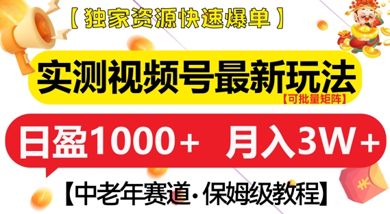 实测视频号最新玩法，中老年赛道，独家资源，月入过W+【揭秘】-赚金金-技能学习分享