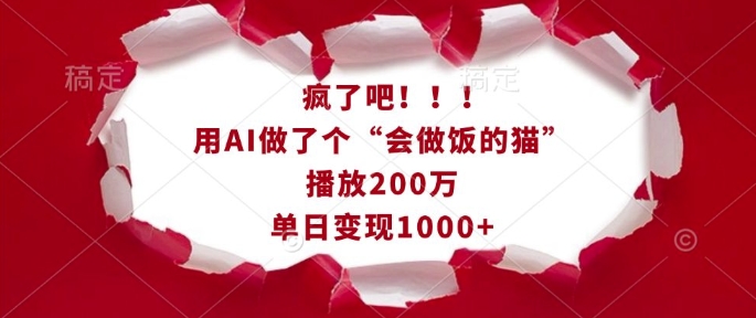 疯了吧!用AI做了个“会做饭的猫”,播放200万,单日变现1k-赚金金-技能学习分享
