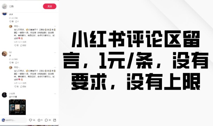 小红书评论区留言，1元条，没有要求，没有上限-赚金金-技能学习分享