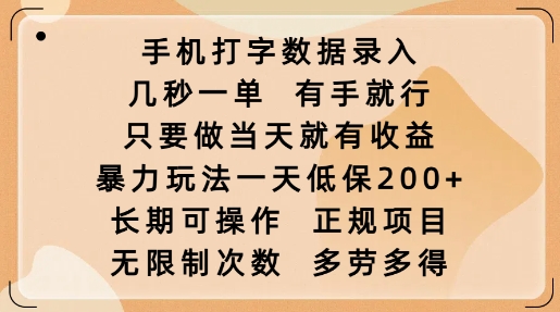 手机打字数据录入，几秒一单，有手就行，只要做当天就有收益，暴力玩法一天低保2张-赚金金-技能学习分享