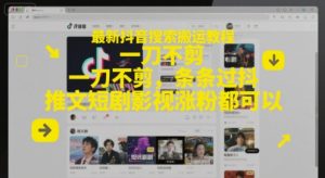 最新抖音搜索搬运教程,一刀不剪,条条过抖,推文短剧影视涨粉都可以-赚金金-技能学习分享