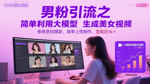 男粉引流之简单利用大模型生成美女视频，条条原创爆款，简单上传制作，变现日1k+-赚金金-技能学习分享