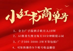 小红书商单号,AI轻松制作PLOG图文,商单接到手软3张-3k一条,每天轻松十分钟,矩阵n个账号,月入几个W-赚金金-技能学习分享