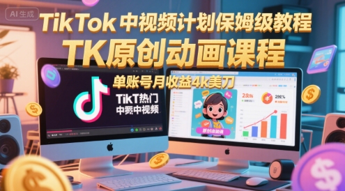 TikTok中视频计划保姆级教程，TK原创动画课程，单账号月收益4k美刀-赚金金-技能学习分享