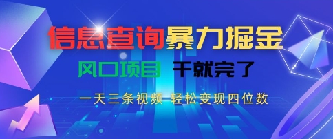 信息查询暴力掘金，一天三条视频，轻松变现四位数，风口项目干就完了【揭秘】-赚金金-技能学习分享