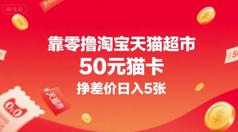 靠零撸淘宝天猫超市50元猫卡，挣差价日入5张-赚金金-技能学习分享