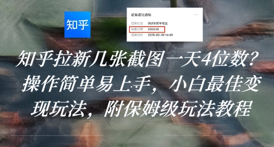 知乎拉新几张截图一天4位数？操作简单易上手，小白最佳变现玩法，附保姆级玩法教程-赚金金-技能学习分享