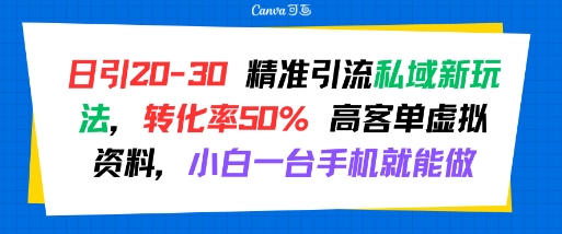 日引 20-30 精准引流私域新玩法，转化率50% 高客单虚拟资料，小白一台手机就能做-赚金金-技能学习分享