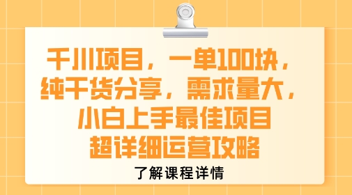 千川项目，一单1张，纯干货分享，需求量大，小白上手最佳项目，超详细运营攻略-赚金金-技能学习分享