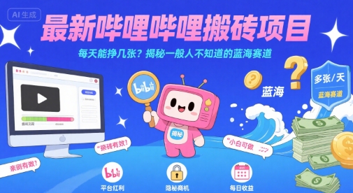 最新哔哩哔哩上B站搬砖项目，每天能挣几张？揭秘一般人不知道的蓝海赛道-赚金金-技能学习分享