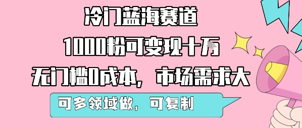 冷门蓝海赛道，1000粉可变现十W，无门槛0成本，市场需求大，可多领域做，可复制性强-赚金金-技能学习分享