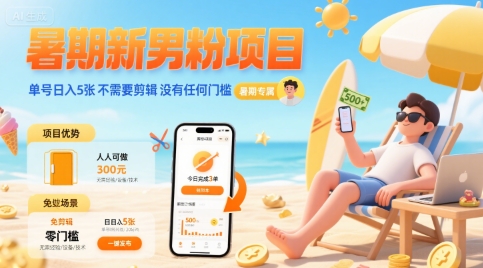 暑期新男粉项目 单号日入5张 不需要剪辑  没有任何门槛-赚金金-技能学习分享