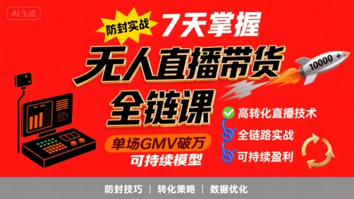 无人直播带货全链防封实战课，7天掌握高转化直播技术，实现单场GMV破万可持续模型-赚金金-技能学习分享