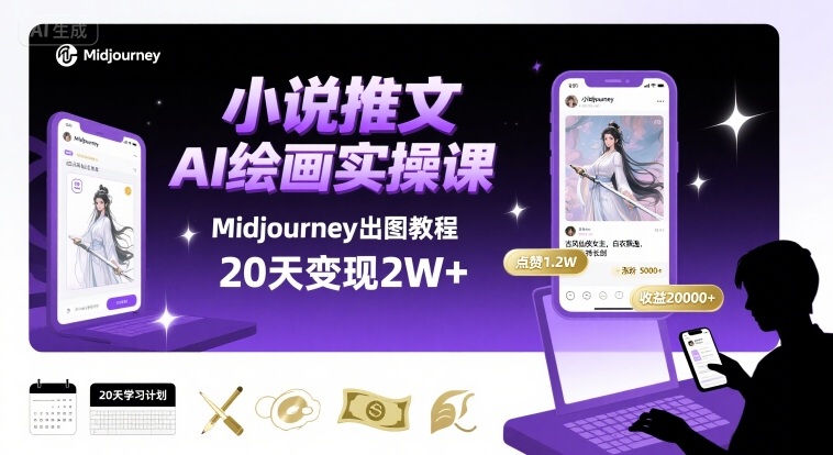 小说推文干货分享之AI绘画MJ出图实操课，用Midjourney做小说推文，20天挣2w-赚金金-技能学习分享