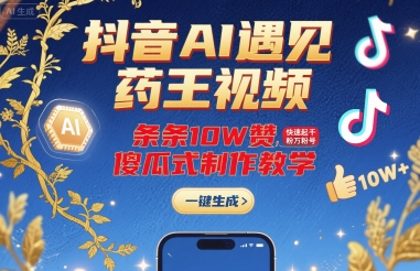 抖音AI遇见药王视频，条条10W赞，快速起千粉万粉号，傻瓜式制作教学-赚金金-技能学习分享