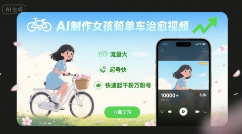 AI制作女孩骑单车治愈视频，流量大，起号快，快速起千粉万粉号-赚金金-技能学习分享