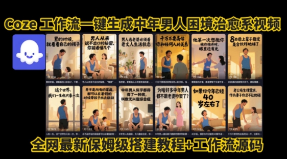 coze工作流一键生成”中年男人困境扎心高涨粉高播放量图文视频”保姆级拆解教程，无需剪辑，无需拍摄写文案-赚金金-技能学习分享