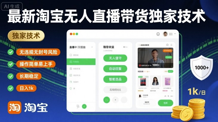 最新淘宝无人直播带货独家技术，无违规无封号风险，操作简单易上手，长期稳定日入1k【揭秘】-赚金金-技能学习分享
