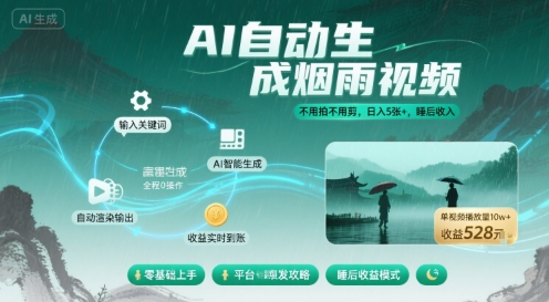 不用拍不用剪！AI自动生成烟雨视频，日入5张+，睡后收入-赚金金-技能学习分享
